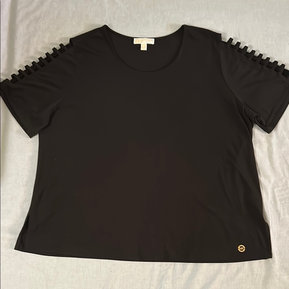 Michael Kors Black Boxy Short Sleeve Top with Ladder Details on Sleeves